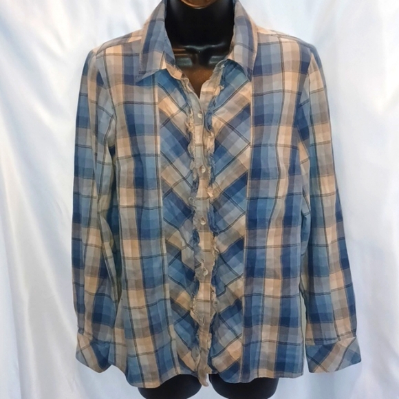 Pendleton ruffle shirt blue/tan plaid button down, cotton, fitted - Picture 1 of 7